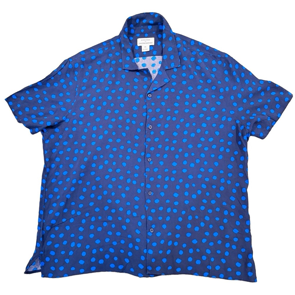 Nordstrom Cristina Martinez Camp Shirt XXL Blue Dots Viscose Short Sleeve Button